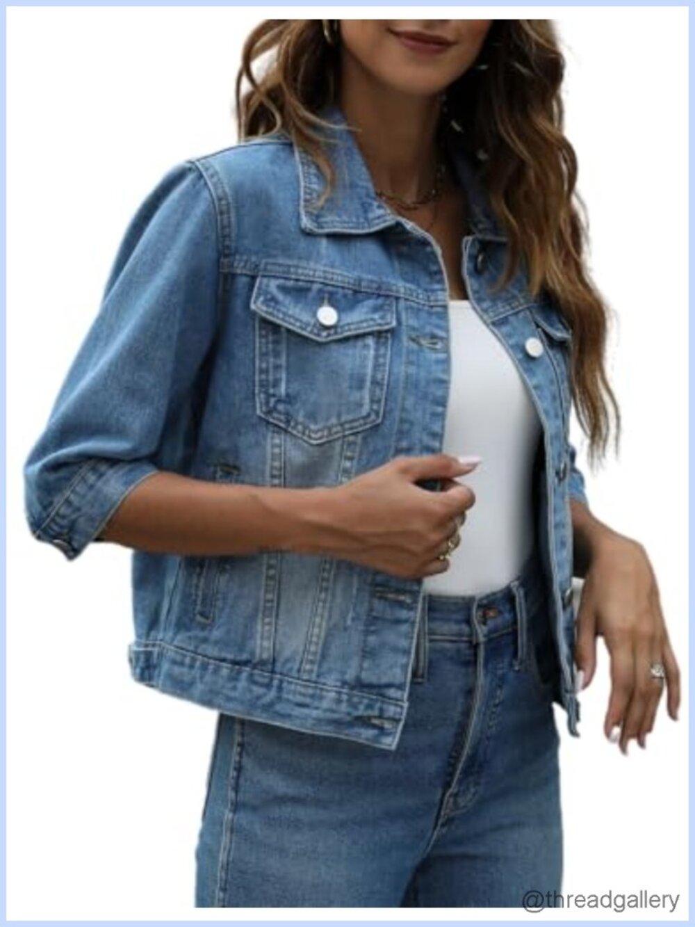 Womens Cropped Denim Jacket 3/4 Sleeve Button Down Trucker Jean Coat